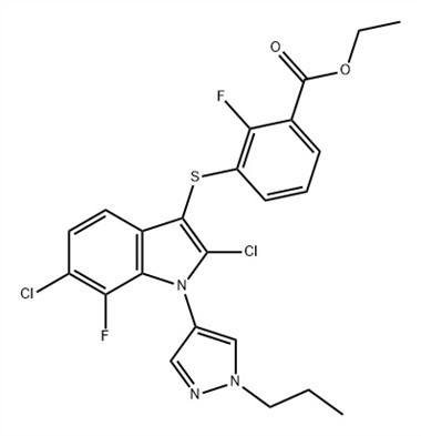 Benzojeva kiselina, {{0}[[2,6-dikloro-7-fluoro-1-(1-propil-1H-pirazol-4-il )-1H-indol-3-il]tio]-2-fluor-, etil ester (ACI) CAS br.: 1782070-79-4